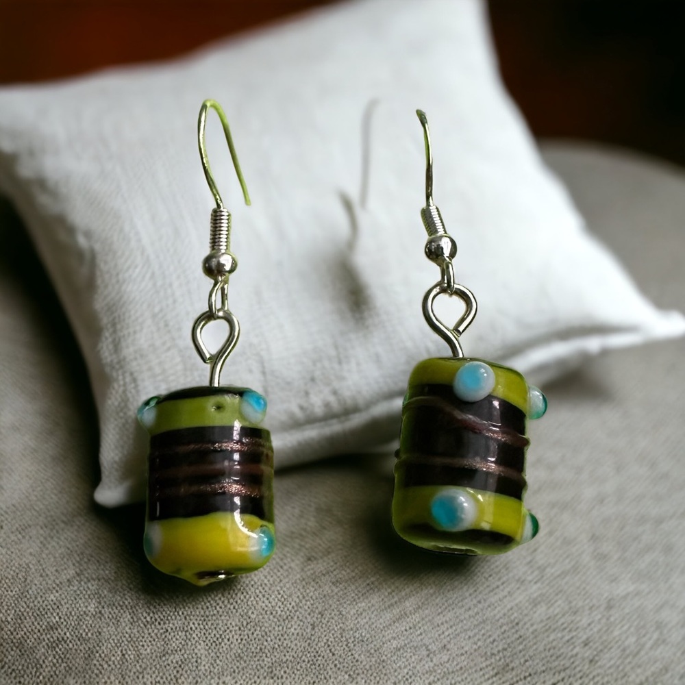 Barrel handblown glass earrings with hypoallergenic silver hooks